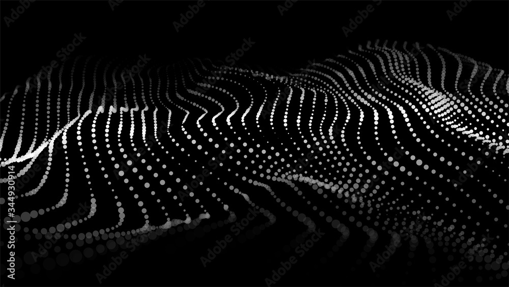 Poster Dynamic particles wave. White dots on black background. Digital landscape. Vector illustration.Big data visualization 3D.