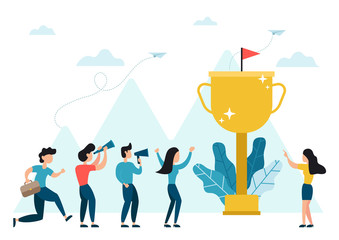 Flat vector illustration business team success concept. People celebrating success with giant golden Trophy. achievement, partnership, leadership. Can used for web banner, infographics, landing page.