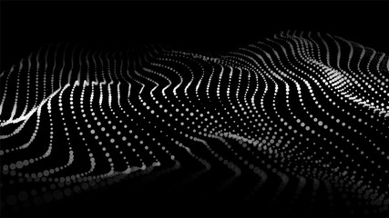 Dynamic particles wave. White dots on black background. Digital landscape. Vector illustration.Big data visualization 3D.