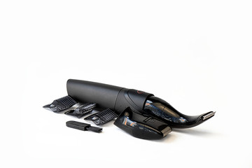 Trimmer with tips for cutting beard and moustache on white background