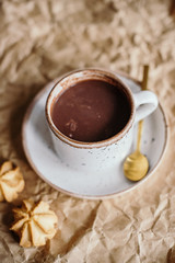 Beautiful light-colored mug, hand-made mug, drink mug, after-drink mug, mug and saucer, cocoa vanilla, breakfast