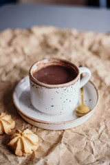 Beautiful light-colored mug, hand-made mug, drink mug, after-drink mug, mug and saucer, cocoa vanilla, breakfast