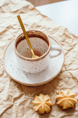 Beautiful light-colored mug, hand-made mug, drink mug, after-drink mug, mug and saucer, cocoa vanilla, breakfast