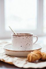 Beautiful light-colored mug, hand-made mug, drink mug, after-drink mug, mug and saucer, cocoa vanilla, breakfast