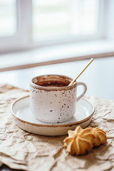 Beautiful light-colored mug, hand-made mug, drink mug, after-drink mug, mug and saucer, cocoa vanilla, breakfast