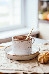 Beautiful light-colored mug, hand-made mug, drink mug, after-drink mug, mug and saucer, cocoa vanilla, breakfast