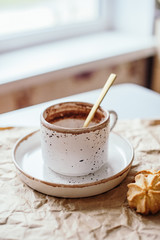 Beautiful light-colored mug, hand-made mug, drink mug, after-drink mug, mug and saucer, cocoa vanilla, breakfast