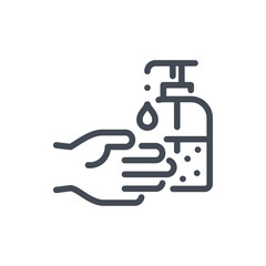 Hand hygiene sanitizer line icon. Hand with sanitizer vector outline sign.