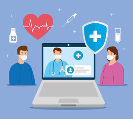 telemedicine technology with doctor in laptop and people vector illustration design