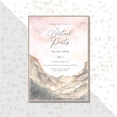 Virtual party event invitation card with landscape watercolor background