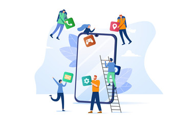 Business People Creative Team Putting App Icons on Huge Smartphone Screen. Designers Develop Application for Mobile