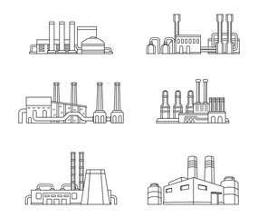 Obraz premium Set of industrial manufactory buildings. Factory, plant, energy and power station. Flat design. Vector illustration.