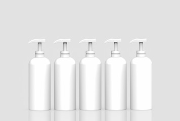 3d rendering. Empty no label white plastic liquid bottle row on gray background.