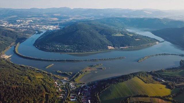Aerial view of Vag river meander, near Nimnica spa village, Slovakia