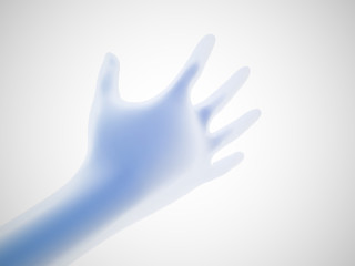 3D blue hand offering for handshake on white background. Concept of financial support, teamwork and business partnership. Vector illustration of shaking human hand.