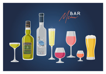 Illustration with  hand drawn drinks set. Menu bar.