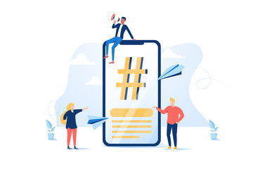 Vector illustration, phone with hashtag sign, people and social networks. Hashtag post viral web network media tag