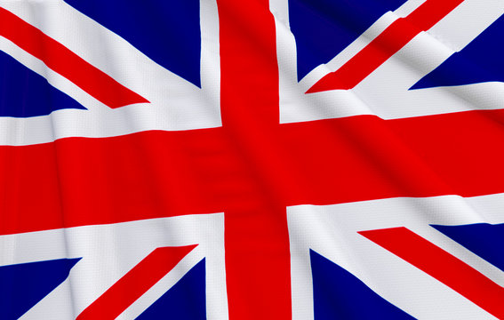 3d rendering. waving United Kingdom National Flag wall background.
