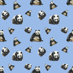 Fototapeta premium Watercolor seamless pattern with panda hand drawing decorative background. Print for textile, cloth, wallpaper, scrapbooking