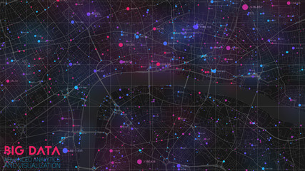 Big data in modern city. Abstract social information sorting visualization. Human connections or urban financial structure analysis. Complex geospatial data. Visual information complexity.