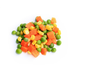 Carrots, corn, peas isolated on white background. This has clipping path.