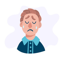 Sad man head. Adult cartoon character. Tears and longing. Flat vector illustration