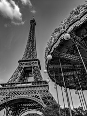 Black and White Photography of Carousel near The Eiffel Tower