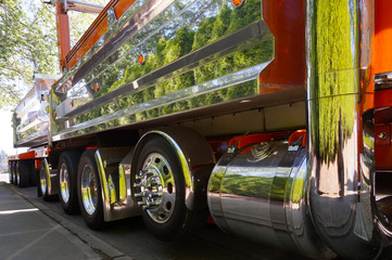 A real American truck. The reflection of greenery in the chrome surfaces of the vehicle.