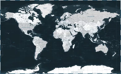 Fotobehang World Map - Dark Black Grayscale Silver Political - Vector Detailed Illustration © Porcupen