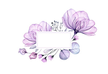 Watercolor floral banner. Big purple rose. Horizontal frame and place for text. Abstract background for logo. Isolated hand drawn illustration for greeting cards, wedding invitation
