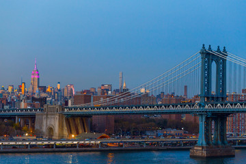 New York City - sunset from Brooklyn Bridge.