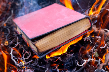Burning a book at a fire. Destruction of Prohibited Literature - obrazy, fototapety, plakaty