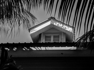 Naklejka premium Black and White Photography of Colorful house detail on La Digue Island