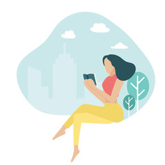 Confidence Girl reading book. Young woman in Living room vector illustration. Window and City. Relax mood Banner. Magazine, blog Background