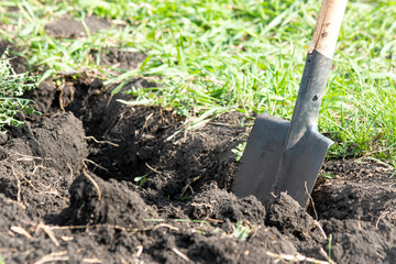 Shovel on a background of excavated earth and grass. The concept of manual labor and gardening.