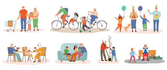 Colorful Grandparents collection with grandkids showing a range of different family activities, colored vector illustration