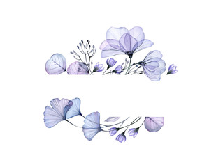 Watercolor floral banner. Horizontal stripe with place for text. Abstract background for logo. Isolated hand drawn illustration with blue purple flowers and leaves