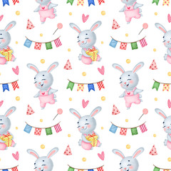 Cute cartoon birthday bunny seamless pattern on a white background