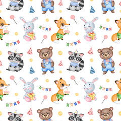 Cute cartoon birthday forest animals seamless pattern on a white background. Birthday party with little fox, bunny, raccoon and bear.