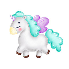 Cute cartoon funny gray unicorn with a green mane, purple wings and closed eyes walks and smiles on a white background