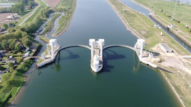 4k aerial video of water sluice complex in the Lek river in the Netherlands