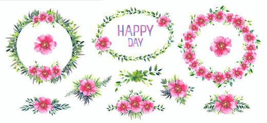 Clip art set, pink roses wreaths, floral arrangements, green leaves, happy day lettering. Isolated elements on a white background. Stock illustration. Hand painted in watercolor.