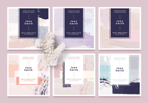 Set of Certificate Card Layouts with Pastel Brush Textures