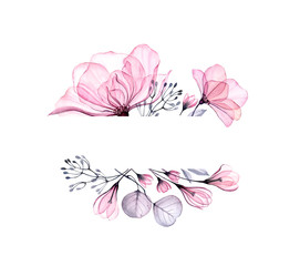Watercolor floral banner. Transparent rose flowers and leaves with horizontal stripe and place for text. Abstract background for logo. Isolated hand drawn illustration