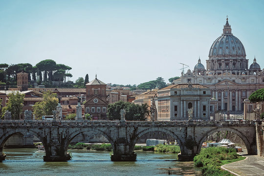 Saint Peter Basilica Dome and Ponte Sant Angelo Bridge