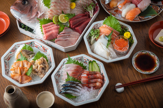 traditional japanese sashimi paltes with sushi