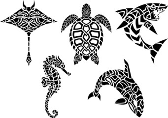 Tribal ocean marine animal silhouette design isolated set © Daniel