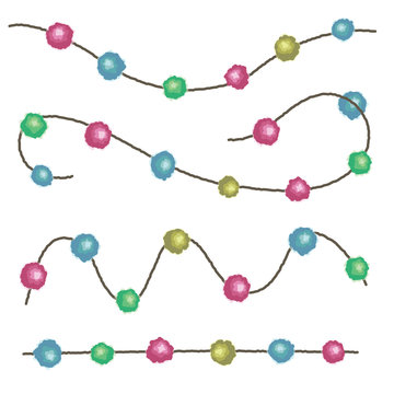Colorful pompoms on a string garland isolated on white background vector design elements. Great for handmade cards, invitations, wallpaper, packaging, nursery designs.