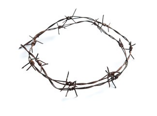 Old rusty barbed wire circle isolated on white background - obrazy, fototapety, plakaty