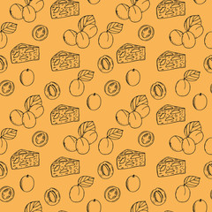 Seamless pattern of apricots, vector illustration, leaves, halves, bones,  piece of apricot pie, hand drawing, beige color